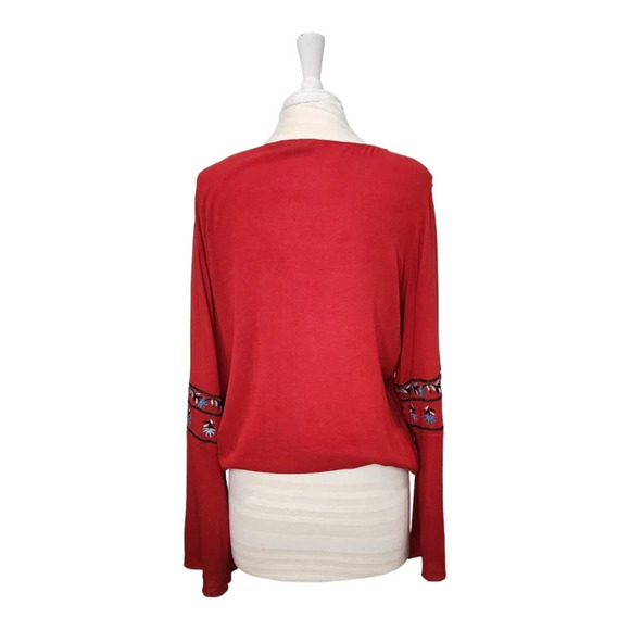 New York & Company Embroidered Flower Long Sleeve V Neck Red Blouse Size M - Picture 2 of 7